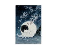 HDSCLMYY A Nine-tailed Fox Curls Under The Full Moon, Its Fluffy Tail Glowing Faintly, with Cherry Blossoms Floating Around Trendy Hanging Wall Art Decorative Mural Poster16x24inch(40x60cm)