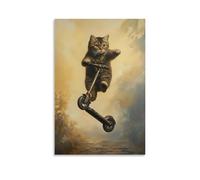 HDSCLMYY Animal Oil Painting of A Cat Performing A Scooter Trick on A Marble Street, Suspended Against A Dusty Yellow Sky. Trendy Hanging Wall Art Decorative Mural Poster12x18inch(30x45cm)