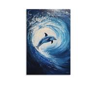 HDSCLMYY Animal Oil Painting of A Dolphin Carving through Colossal Surf Tubes, Outlined Against A Soft Cobalt Morning Sea. Trendy Hanging Wall Art Decorative Mural Poster08x12inch(20x30cm)