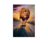 HDSCLMYY Animal Oil Painting of A Lion Longboarding Down A Sunset Boulevard, Golden Mane Catching The Fading Pastel Glow. Trendy Hanging Wall Art Decorative Mural Poster16x24inch(40x60cm)