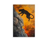 HDSCLMYY Animal Oil Painting of A Panther Navigating Rocky Cliffs in Mountain Freerunning, Backlit Against A Sunset Fire Sky. Trendy Hanging Wall Art Decorative Mural Poster16x24inch(40x60cm)
