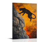 HDSCLMYY Animal Oil Painting of A Panther Navigating Rocky Cliffs in Mountain Freerunning, Backlit Against A Sunset Fire Sky. Trendy Hanging Wall Art Decorative Mural Poster16x24inch(40x60cm)