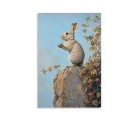 HDSCLMYY Animal Oil Painting of A Rabbit Scaling Cliffside Vines Like An Extreme Climber, Paws Grasping Across A Pale Blue Field. Trendy Hanging Wall Art Decorative Mural Poster08x12inch(20x30cm)
