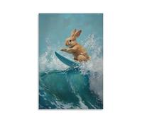 HDSCLMYY Animal Oil Painting of A Rabbit Surfing Massive Spring Waves, Balanced Gracefully Against A Pastel Teal Ocean Canvas. Trendy Hanging Wall Art Decorative Mural Poster24x36inch(60x90cm)