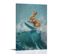 HDSCLMYY Animal Oil Painting of A Rabbit Surfing Massive Spring Waves, Balanced Gracefully Against A Pastel Teal Ocean Canvas. Trendy Hanging Wall Art Decorative Mural Poster24x36inch(60x90cm)
