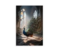 HDSCLMYY Animal Poster, A Peacock Spreads Its Tail in A Ruined Church, Tail Feathers Reflecting Stained Glass Trendy Hanging Wall Art Decorative Mural Poster08x12inch(20x30cm)