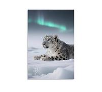 HDSCLMYY Animal Poster, A Snow Leopard Lies on A Glacier, Eyes Fixed on The Distant Aurora Trendy Hanging Wall Art Decorative Mural Poster20x30inch(50x75cm)