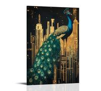 HDSCLMYY Animal Poster: Art Deco Peacock with Angular Gold And Emerald Patterns, Cityscape Reflection Trendy Hanging Wall Art Decorative Mural Poster12x18inch(30x45cm)