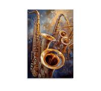 HDSCLMYY Musical Instruments Oil Painting - Brass Brilliance Meets Oil Canvas, Where Trumpets And Saxophones Glow with Golden Warmth Trendy Hanging Wall Art Decorative Mural Poster16x24inch(40x60cm)