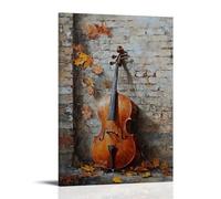 HDSCLMYY Musical Instruments Oil Painting- Cello Leaning Against A Weathered Brick Wall, Autumn Leaves Scattered Nearby Trendy Hanging Wall Art Decorative Mural Poster24x36inch(60x90cm)