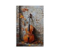 HDSCLMYY Musical Instruments Oil Painting- Cello Leaning Against A Weathered Brick Wall, Autumn Leaves Scattered Nearby Trendy Hanging Wall Art Decorative Mural Poster16x24inch(40x60cm)
