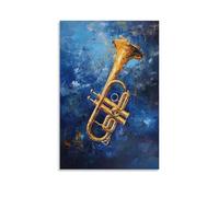 HDSCLMYY Musical Instruments Oil Painting- Jazz Trumpet with Golden Highlights Against A Deep Blue Abstract Background Trendy Hanging Wall Art Decorative Mural Poster12x18inch(30x45cm)