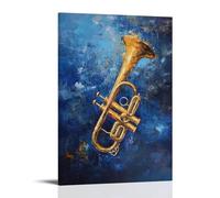 HDSCLMYY Musical Instruments Oil Painting- Jazz Trumpet with Golden Highlights Against A Deep Blue Abstract Background Trendy Hanging Wall Art Decorative Mural Poster08x12inch(20x30cm)