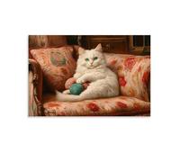 HDSCLMYY Victorian-Era Illustration of A Majestic White Cat Playing with A Ball of Yarn in The Drawing Room Trendy Hanging Wall Art Decorative Mural Poster24x36inch(60x90cm)