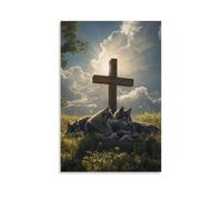 HDSCLMYY Wolves Sleep Around A Wooden Cross in A Meadow, As Sunlight Breaks through Clouds Like Divine Breath. Trendy Hanging Wall Art Decorative Mural Poster16x24inch(40x60cm)