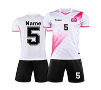 HDSD Jersey Football Soccer Kit Uniform Personalized Short Sleeve and Shorts Set for Men, Women, Kids with Your Name Number Team Logo White Pink