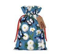 HDSKFNS Blue Butterflies White Flowers Xmas Burlap Bag Christmas Drawstring Bag Holiday New Year Party Home Office Packaging