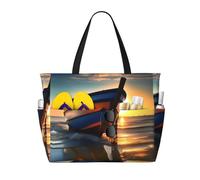 HDSKFNS Boat Beach Sunrise Time Nautical Print Each Travel Bag Large Capacity Tote Bags Foldable Pool Bag Zipper Handbags Vacation