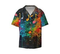 HDSKFNS Colorful Music Notes Print Men's Button-Up Shirt Cuban Collar,Short Sleeve,for Beaches,Vacations Tropical Parties, Black, XL