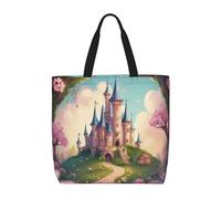 HDSKFNS Cute Fairy Tale Castle04 Print Reusable Tote Bag For Women Grocery Bags Shoulder Bag With Zipper Work Travel Shopping