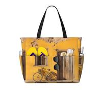 HDSKFNS Stone House With Bike Print Each Travel Bag Large Capacity Tote Bags Foldable Pool Bag Zipper Handbags Vacation