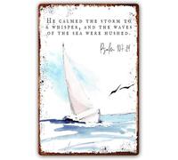 He Calmed The Storm To A Whisper, Psalm 107:29 Metal Signs Scripture Wall Art, Biblical Wall Art, Kids Bible Verse Print, Nursery Print, Waves Metal Artwork Metal Tin Sign 12x8 Inch