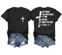 He Fought The Good Fight Shirt We Will Finish The Race Shirt Vneck Faith Cross Graphic Tee Black