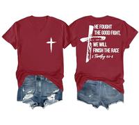 He Fought The Good Fight Shirt We Will Finish The Race Shirt Vneck Faith Cross Graphic Tee Claret