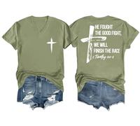 He Fought The Good Fight Shirt We Will Finish The Race Shirt Vneck Faith Cross Graphic Tee Green