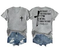 He Fought The Good Fight Shirt We Will Finish The Race Shirt Vneck Faith Cross Graphic Tee Grey
