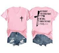 He Fought The Good Fight Shirt We Will Finish The Race Shirt Vneck Faith Cross Graphic Tee Pink