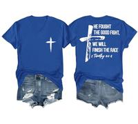 He Fought The Good Fight Shirt We Will Finish The Race Shirt Vneck Faith Cross Graphic Tee Royal Blue
