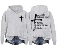 He Fought The Good Fight We Will Finish The Race Hoodies Faith Cross Graphic Pullover Top Grey