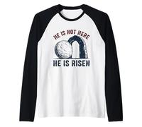 He is Not Here He is Risen Funny Rock Climbing Climber Raglan Baseball Tee