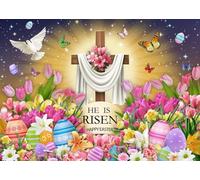 He is Risen Backdrop Happy Easter Jesus Resurrection Cross Lily Flowers Dove Colorful Eggs Photography Background Christian Religious Home Party Decor Banner Photo Props (8x6FT)