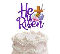 He is Risen Cake Topper, Purple Glitter Jesus Easter Cake Pick for Jesus Easter Christian Holiday Cross Party Cake Decoration