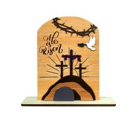 He is Risen Decor Wooden Easter Resurrection Scene Empty Tomb Table Decorations Indoor Catholic Easter Gifts Decor for Tiered Tray Home Church Wolf Ornament (Brown, One Size)
