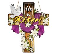He Is Risen Door Sign Easter Decor, Wooden Religious Cross Sign Easter Decorations, Lily Flowers Hanging Decorations Jesus Hanger Easter Door Decorations for Porch Door Farmhouse, Christian Decor