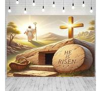 He is Risen Easter Backdrop 10x8ft Fabric Jesus Christ Empty Tomb Gold Holy Cross Background Easter Church Decorations Newborn Baptism Portrait Photo Shoot Props