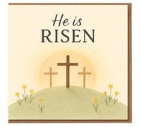 He Is Risen Easter Card, Christian Religious Greeting with Three Crosses and Sunrise, Daffodils Illustration, Inspirational Faith Card for Friends, Family and Church