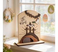 He is Risen Easter Decorations Resurrection Wood Plaque 3D Tomb and Crosses With Dove Spring Decor For Living Room Office Shelf Desk Empty Tomb Religious Resurrection Set For Men And Women Gifts