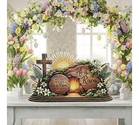 He Is Risen Easter Decorations - Standing Wooden Tabletop Display With Empty Tomb And Cross Design, Religious Resurrection Scene For Church Home Living Room Office Shelf Decor