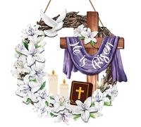 He is Risen Easter Decorations Wooden Wreaths for Front Door Christian Cross Ornaments Easter Porch Sign Decor Wreath Jesus Lily Flowers Ornaments Hanging Crafts for Home Farmhouse Spring Party Decor