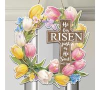 He is Risen Easter Door Decorations, Religious Christian Easter Cross Wreaths for Front Door, Tulip Spring Door Hanger Sign 12 Inch, He Has Risen Wall Porch Hanging Decor