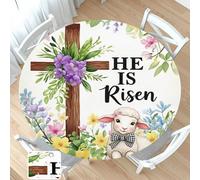 He Is Risen Easter Round Fitted Tablecloth with Elastic Religious Cross Christian Wreath Circle Table Cloth for 40-44" Tables Reusable Wipeable Spring Easter Table Cover for Farmhouse Outdoor Party