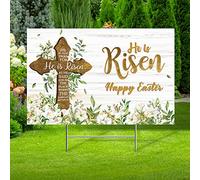 He Is Risen Easter Yard Sign Outdoor Decorations Happy Easter Yard Stakes Religious Easter Yard Decoration Easter Cross Sign Eucalyptus Lily Spring Yard Sign for Christian Holiday Garden Lawn Decor