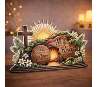He Is Risen Empty Tomb Easter Scene - Wooden Resurrection Scene Set With Cross For Home Office Mantle Decor | Christian Religious Tabletop Centerpiece Gift For Easter Celebration