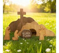 He is Risen, Empty Tomb Scene Spring Easter Decorations, Jesus Nativity Resurrection Figurines Set With Wooden Cross For Home, Office, Table, Shelf, Mantle Decor - Christian Catholic Religious (A)