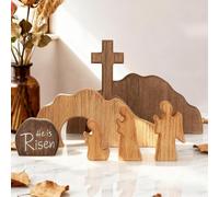 【He is Risen】Empty Tomb Scene Spring Easter Decorations, Jesus Nativity Resurrection Figurines Set With Wooden Cross For Home, Office, Table, Shelf, Mantle Decor - Christian Catholic Religious
