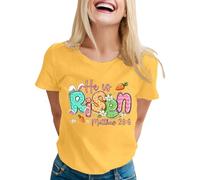 He is Risen Jesus Christian Happy Easter Womens T-Shirt Tops Short Sleeve T-Shirts for Teen Girls Crewneck Letter Print T-Shirt 2025 New Ladies Tops Yellow